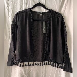 August Silk NWT Black Embroidered Sheer Tassel Cardigan Size L